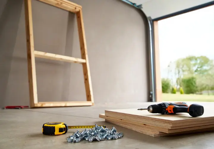 A view of a home garage with a partially built wooden climbing wall frame, with lumber, plywood, and tools laid out, illustrating the cost of building.