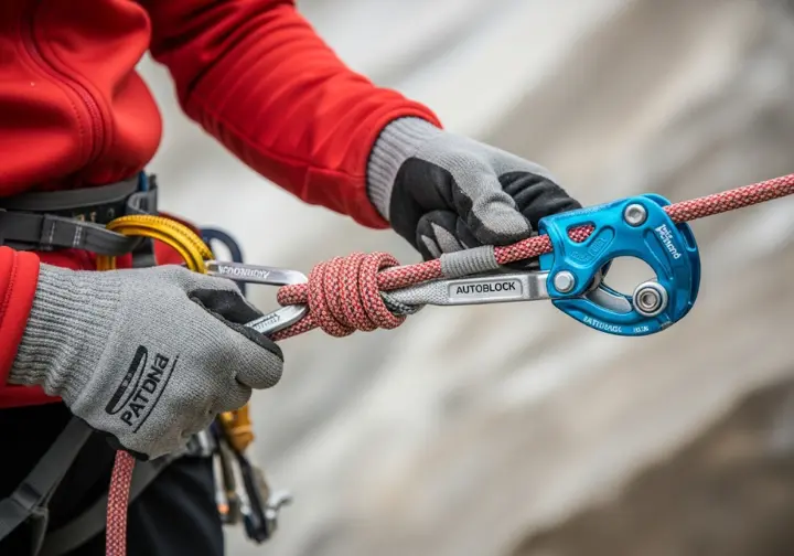 A close-up view of a climber's hands demonstrating proper rappel safety, with a friction hitch backup correctly installed on the rope below the rappel device.