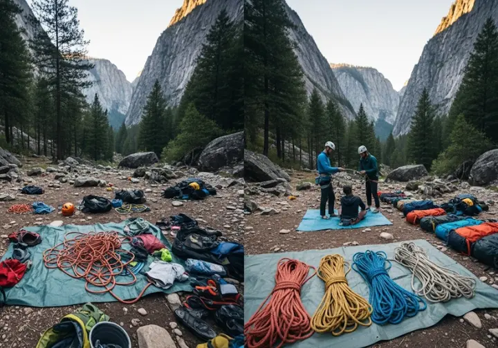 Side-by-side comparison illustrating good versus bad crag etiquette, with a chaotic "Junk Show" on one side and an "Organized & Respectful" climbing setup on the other.