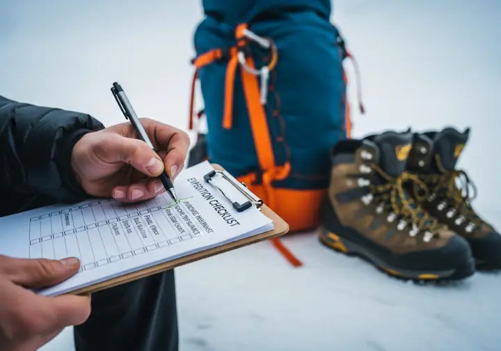 A close-up of a climber's hand checking an item off a detailed expedition planning checklist, with a packed backpack in the background, representing an actionable framework.