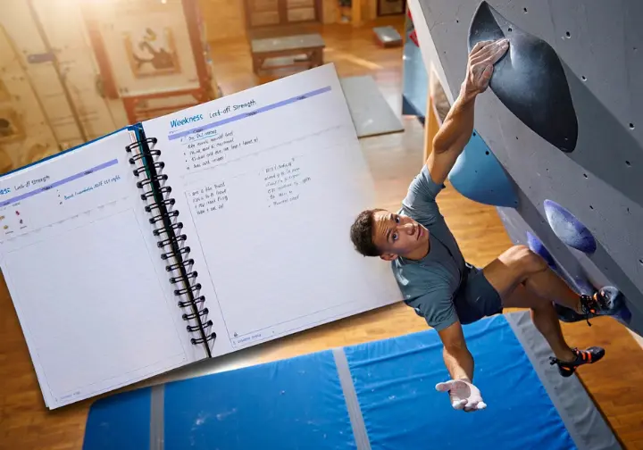 A climber performs a targeted lock-off drill, translating their assessment results from a journal into an actionable training plan.