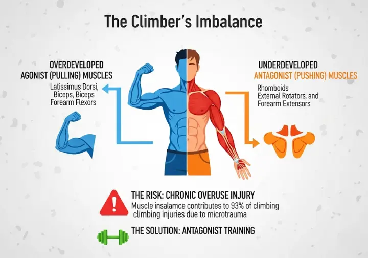 Infographic explaining the agonist versus antagonist muscle imbalance in rock climbers. The visual contrasts overdeveloped pulling muscles with underdeveloped pushing muscles as a primary cause of chronic injuries.