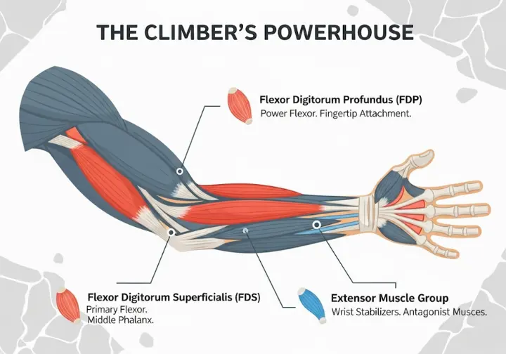 An anatomical diagram titled 'The Climber's Powerhouse' illustrating the key forearm muscles for climbing. The Flexor Digitorum Profundus, Flexor Digitorum Superficialis, and Extensor muscle groups are highlighted and labeled on a simplified drawing of a forearm.