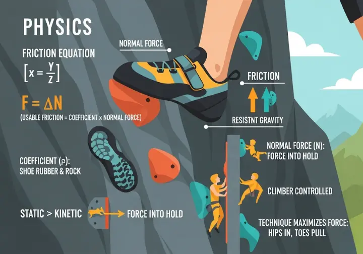 An infographic explaining the physics of climbing friction using the equation F = µN. The image shows a climber's shoe on a hold with force vectors, and details the roles of the coefficient of friction, normal force, and body technique.