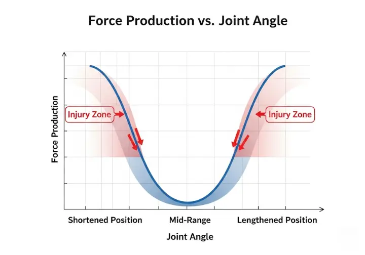 Diagram showing a line graph titled "Force Production vs. Joint Angle." The graph illustrates that muscle force peaks in the mid-range of motion and drops significantly at the fully shortened and lengthened end-ranges, which are highlighted as "Injury Zone."