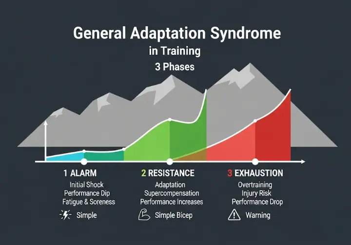 Infographic explaining the three phases of General Adaptation Syndrome in athletic training: Alarm, Resistance, and Exhaustion. The graphic uses icons and a performance graph to show how the body responds to training stress, from initial shock to adaptation and potential overtraining.