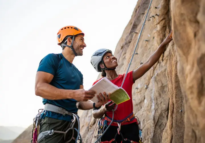 Two prepared climbers review a guidebook together at the base of a cliff, planning their ascent as they get ready for their first multi-pitch climb.