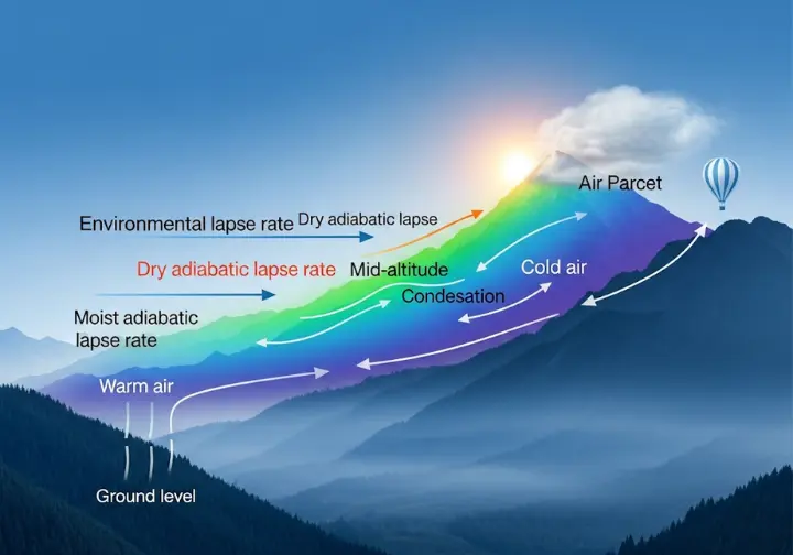 Diagram illustrating the three key atmospheric lapse rates—Environmental, Dry Adiabatic, and Moist Adiabatic—showing how temperature changes with altitude as an air parcel rises over a mountain.