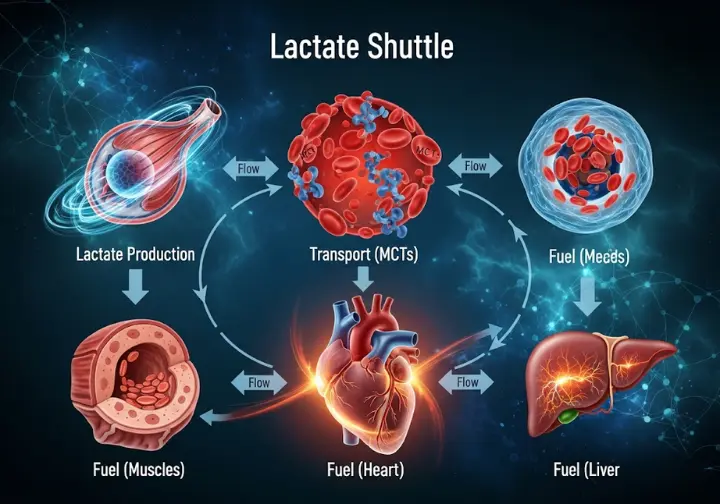 An infographic illustrating the Lactate Shuttle, showing lactate produced in fast-twitch muscle fibers, transported through the blood by MCTs, and then utilized as fuel by slow-twitch muscle fibers, the heart, and the liver.