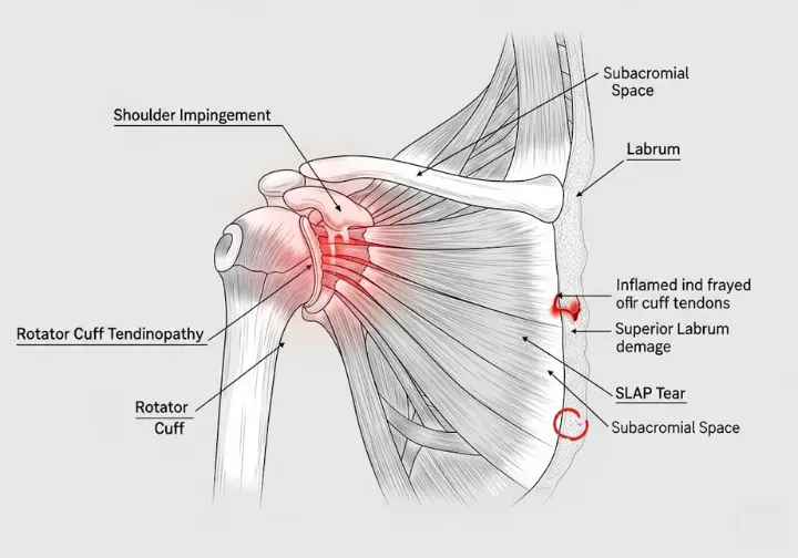 Anatomical diagram illustrating the most common shoulder injuries in rock climbers: shoulder impingement, rotator cuff tendinopathy, and SLAP tears, with key anatomical structures labeled.