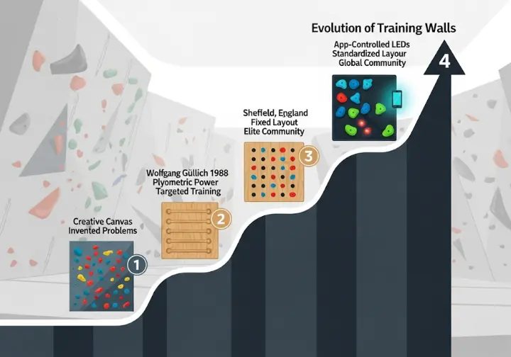 An infographic illustrating the evolution of climbing training boards in four key stages, starting with the creative Spray Wall, moving to the power-focused Campus Board, then the standardized School Room, and culminating in the modern, app-controlled Smart Wall (SICTB).
