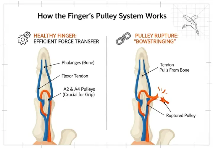 An infographic explaining the finger's flexor pulley system. It features two diagrams: one of a healthy finger with labeled phalanges, flexor tendon, and A2/A4 pulleys; and one of an injured finger showing a ruptured pulley causing the "bowstringing" effect where the tendon pulls away from the bone.