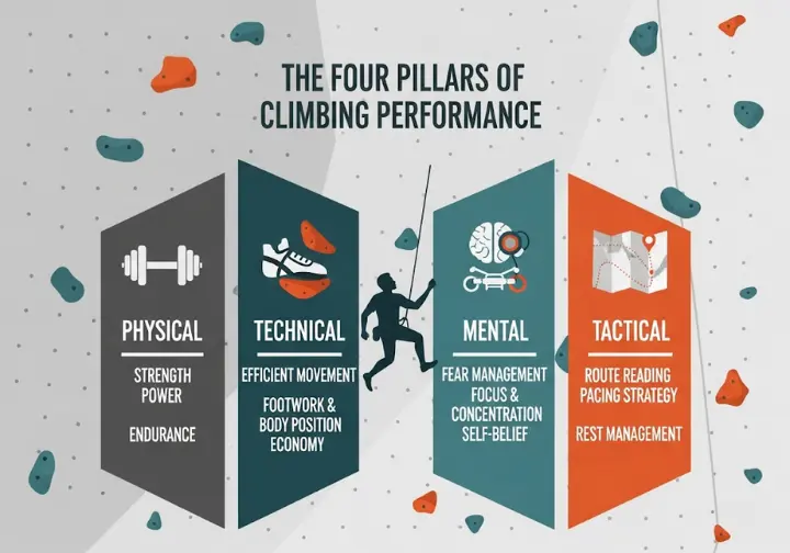 An infographic illustrating the four pillars of modern rock climbing performance. The pillars are Physical Capacity (strength, power, endurance), Technical Skill (efficient movement, footwork), Mental Fortitude (focus, self-belief), and Tactical Acumen (route reading, pacing), each represented by an icon and keywords in a clean, modern vector design.