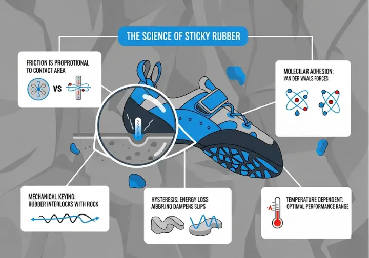 An infographic titled 'The Science of Sticky Rubber' explaining the three mechanisms of climbing shoe friction. A central diagram shows a shoe on rock, with callouts for molecular adhesion, mechanical keying, and hysteresis, alongside notes on contact area and temperature dependency.