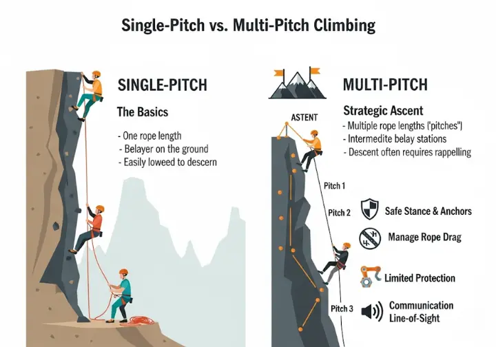 Infographic comparing single-pitch and multi-pitch rock climbing. The left panel shows a climber on a single rope length from a ground belayer. The right panel shows a team ascending a cliff in three stages, using intermediate belay stations
