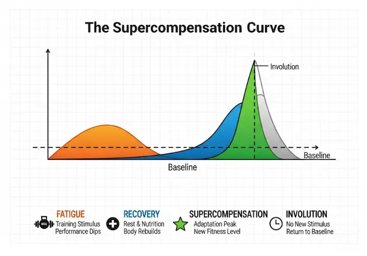 Infographic diagram illustrating the Supercompensation Curve in athletic training. A graph shows the four stages: Fatigue (performance dip after training), Recovery (return to baseline), Supercompensation (performance peaks above baseline), and Involution (a gradual loss of adaptation without new stimulus).