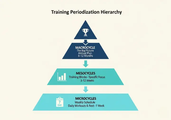 An infographic showing the hierarchy of a periodized training plan as a three-tiered pyramid. The top tier represents the Macrocycle (annual plan), the middle tier represents Mesocycles (training blocks), and the bottom tier represents Microcycles (weekly schedules).