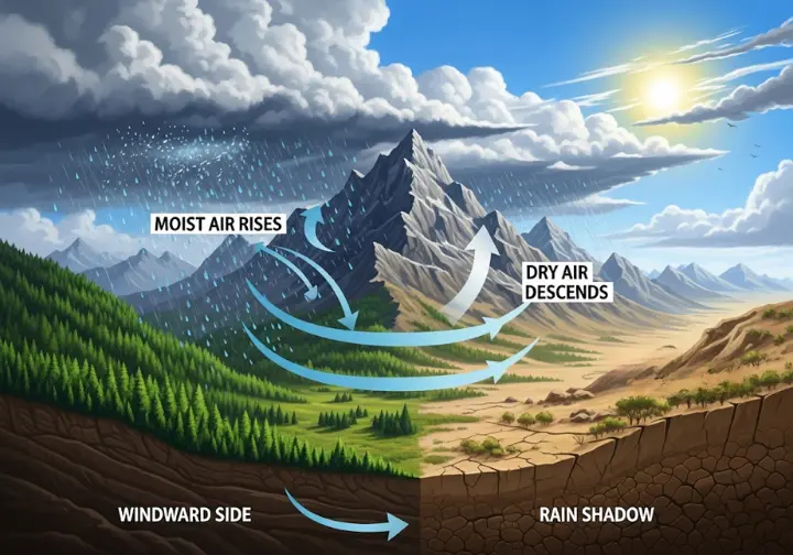 Diagram illustrating how terrain shapes precipitation and creates microclimates, showing orographic lift with a moist air mass rising on the windward side, cooling, condensing, and causing precipitation, leading to a rain shadow effect on the dry leeward side.