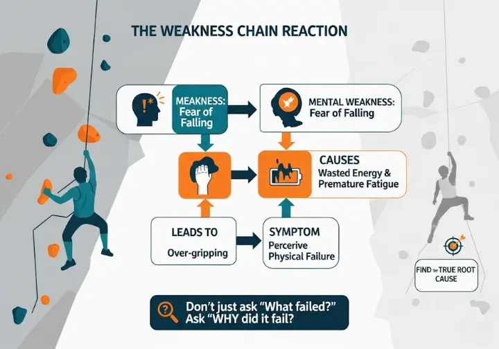 An infographic illustrating how the pillars of climbing performance interact. A flowchart shows a mental weakness (fear of falling) leading to over-gripping, wasted energy, and ultimately a perceived physical failure, emphasizing the importance of finding the root cause of weaknesses.