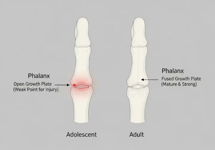 Diagram illustrating the structural difference between an adolescent finger bone with an open growth plate, a point of weakness, and a mature adult finger bone with a fused, solid structure.