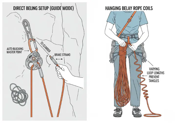 A side-by-side technical diagram illustrating two key multi-pitch climbing skills: a direct belay setup using guide mode, and rope management with varying coils at a hanging belay.