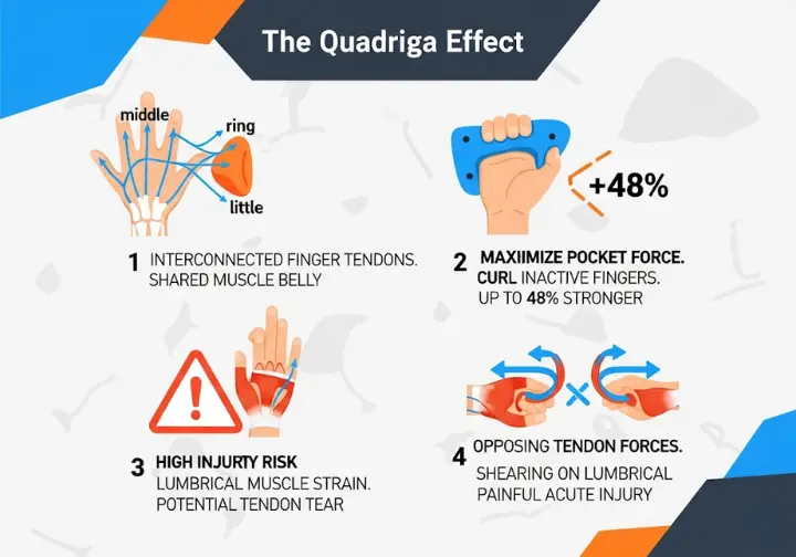 An infographic explaining the Quadriga Effect for rock climbers. It illustrates how interconnected finger tendons increase pocket climbing force but also create a high risk of lumbrical muscle tears due to shearing forces, with diagrams of the hand anatomy.