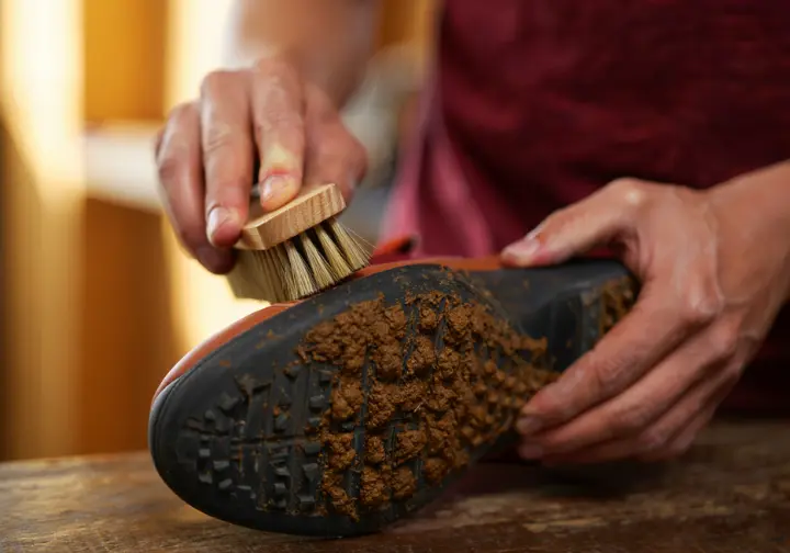 A climber demonstrates proper shoe care by brushing mud from the sole of an approach shoe to maximize the gear's investment.