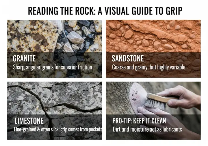 A photo infographic explaining how rock type affects climbing grip. It features a grid of high-detail photos of granite, sandstone, and limestone, with descriptive text overlays explaining the properties of each and a pro-tip on cleaning holds.