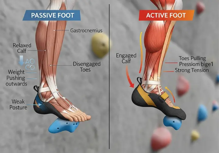 Side-by-side comparison diagram of a 'Passive Foot' versus an 'Active Foot' in rock climbing. The passive foot is relaxed and imprecise, while the active foot shows engaged calf and toe muscles, providing stability and pulling the climber into the wall.