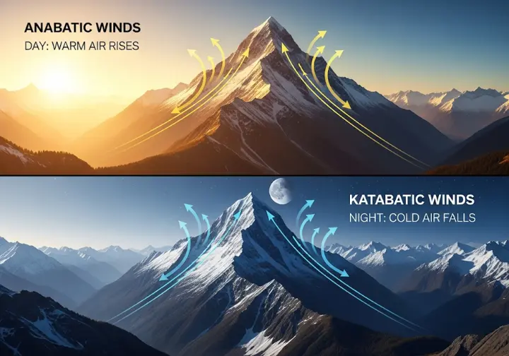 Side-by-side diagrams illustrating the daily cycle of anabatic (day) and katabatic (night) winds, crucial for climbers to understand. The anabatic diagram shows warm air rising during the day, while the katabatic diagram shows cold air descending at night.