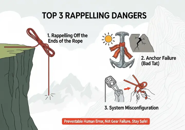 Infographic illustrating the top three dangers in rappelling: rappelling off the ends of the rope, anchor failure, and system misconfiguration