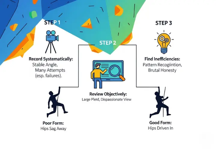 Infographic outlining a three-step protocol for effective video analysis of climbing, including systematic recording, objective review, and identification of inefficiencies, with an example of good versus poor climbing form.
