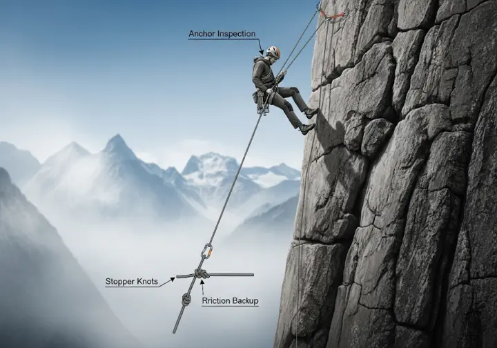Diagram illustrating essential abseil safety protocols, including anchor inspection, stopper knots, and a rappel backup with a friction hitch.