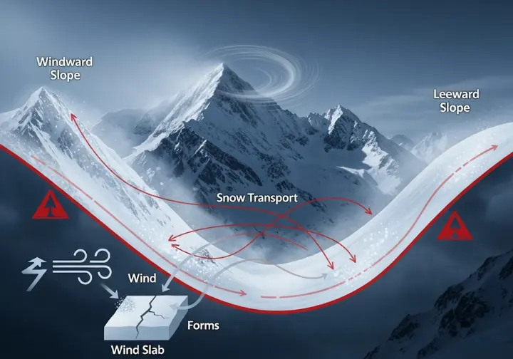 Diagram illustrating how wind transports snow from a windward slope to form a dangerous wind slab on a leeward slope, a key factor in avalanche danger.