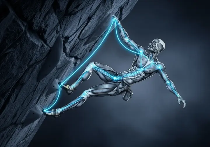 Educational illustration demonstrating the climber's kinetic chain. A stylized anatomical view shows glowing lines of force traveling from the feet, up through the engaged legs, glutes, and core, to the upper body, symbolizing body tension.