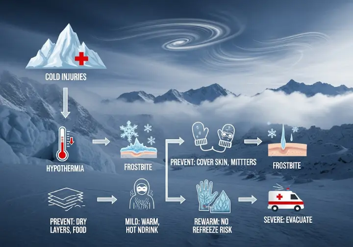 Flowchart detailing the prevention and treatment of hypothermia and frostbite for climbers, showing symptoms and corresponding actions.