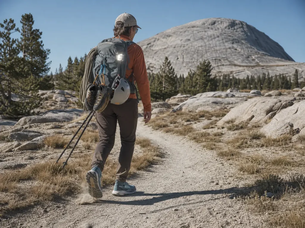 Hiker in cushioned mid GTX shoes on an open Sierra trail with climbing shoes clipped to her pack