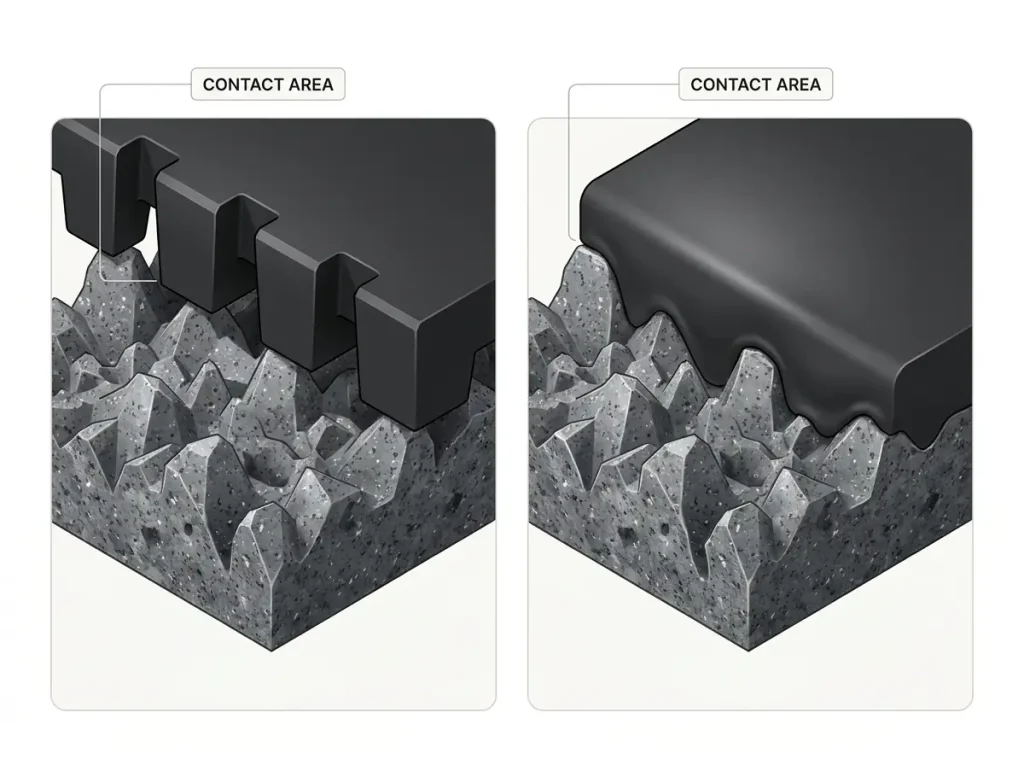 Infographic showing lugged hard rubber vs smooth sticky rubber contact area on granite in a magnified cross-section diagram