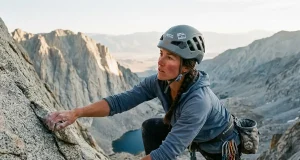 Why the East Face of Mt Whitney Isn’t Really 5.7 Climber on the exposed granite of the East Face of Mt Whitney at first light