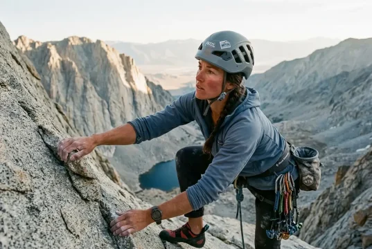 Why the East Face of Mt Whitney Isn’t Really 5.7 Climber on the exposed granite of the East Face of Mt Whitney at first light