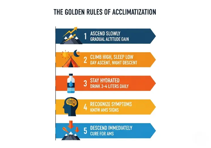 Infographic illustrating the 5 golden rules of high-altitude acclimatization for safety in the mountains, including slow ascent, climb high sleep low, hydration, symptom recognition, and descent.