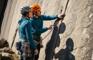 Trad Nuts 101: AMGA Tips + Pocket Card for Beginners Full-body shot of two climbers in helmets and harnesses at the base of a cliff, with one mentoring the other on placing trad gear.