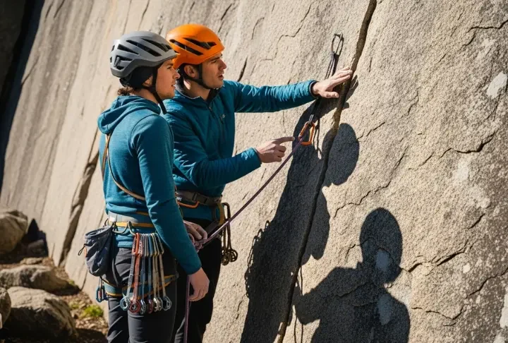 Full-body shot of two climbers in helmets and harnesses at the base of a cliff, with one mentoring the other on placing trad gear.