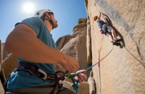 Belay Devices Decoded: ATC, GriGri & Passive Explained A belayer in a full-body shot stands on the ground, carefully managing the rope for a climber on a sunny rock face above.