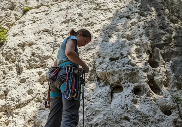 A full-body shot of a female climber in pants and t-shirt standing at the bottom of a rock cliff, looking down at the quickdraws on her harness.
