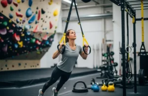 Key Principles: 4-Week Intro Strength Plan for Climbers A full-body view of a female climber performing an inverted row with a suspension trainer in a climbing gym's fitness area.