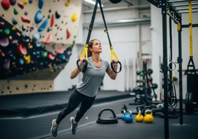 A full-body view of a female climber performing an inverted row with a suspension trainer in a climbing gym's fitness area.