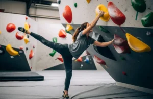 Climbing Movement 101: Flagging & Drop-Knee Mastery Guide Full-body shot of a female climber in a t-shirt and leggings flagging her leg for balance on an indoor bouldering wall.