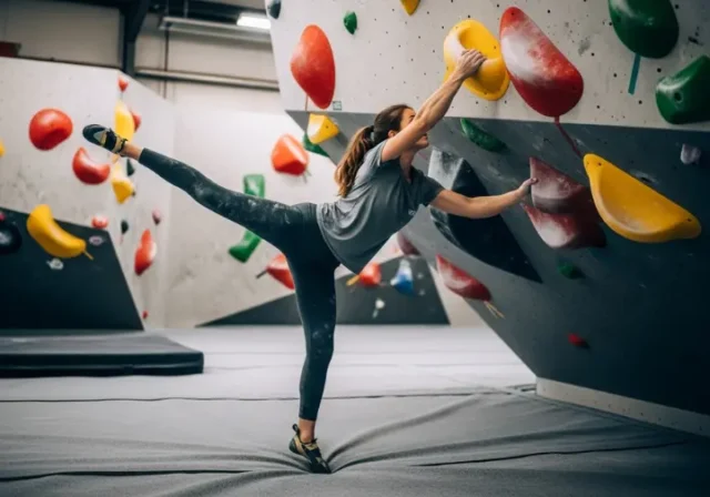 Full-body shot of a female climber in a t-shirt and leggings flagging her leg for balance on an indoor bouldering wall.
