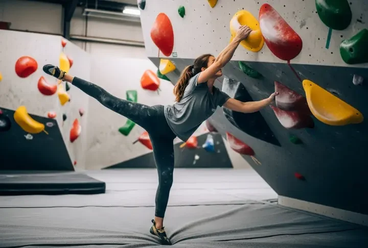 Full-body shot of a female climber in a t-shirt and leggings flagging her leg for balance on an indoor bouldering wall.